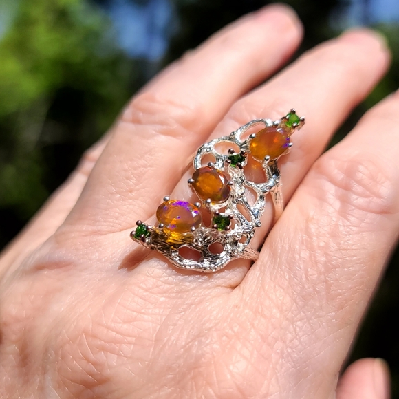 FIRE 🔥 Opals & Chrome Diopside sterling ring sz 7 - Picture 4 of 8